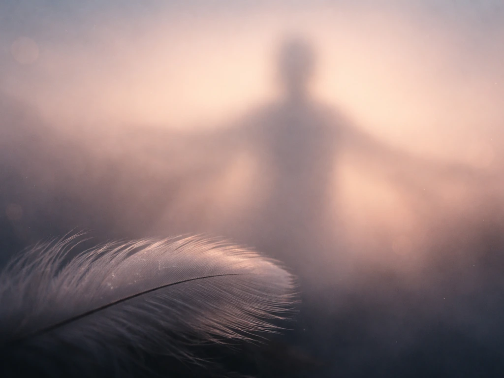 Feather and misty silhouette symbolizing bird therian meaning, layered in calm dusk light.