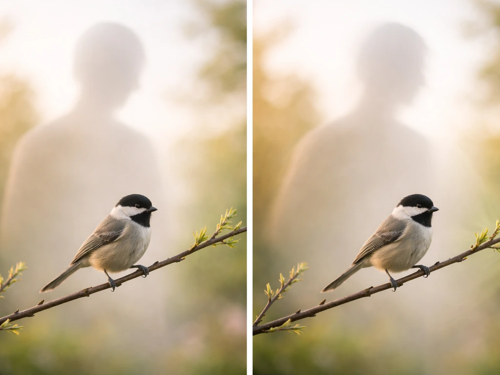 Small bird on a branch with a faint human silhouette overlay suggesting two kinds of bird connection.