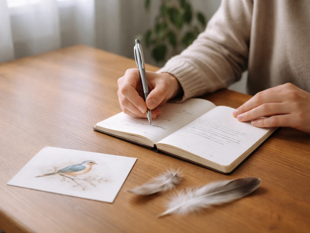 Hands journaling on a wooden desk with an open notebook and a few feathers nearby.