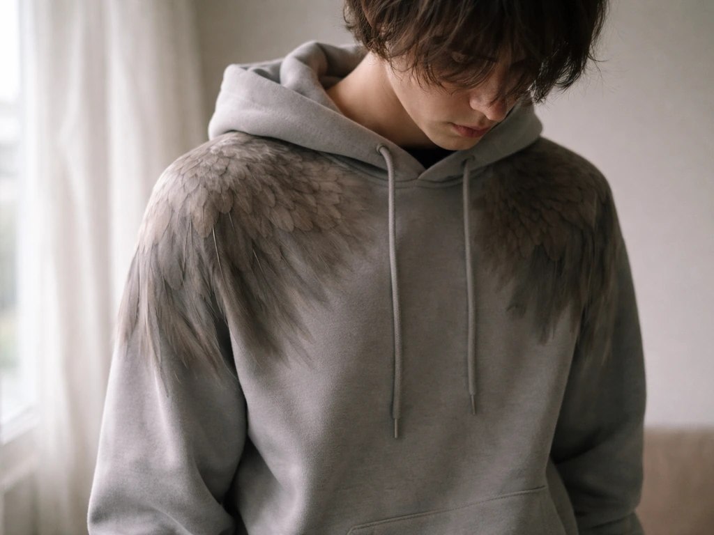 A person in neutral clothing with a subtle feather overlay, suggesting discomfort with a mismatched sense of self.