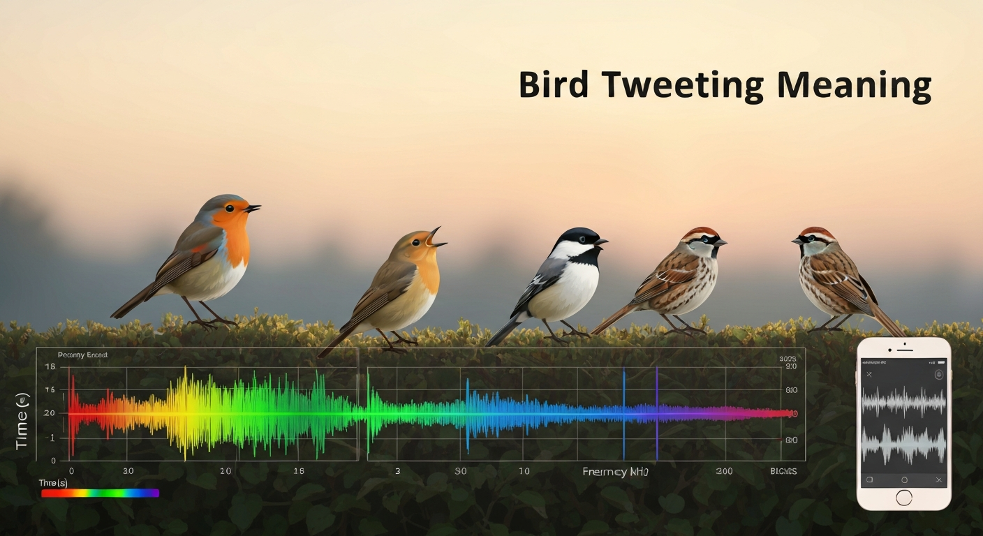 Illustration of small songbirds singing at dawn with an overlaid spectrogram and smartphone recording waveform, educational style.