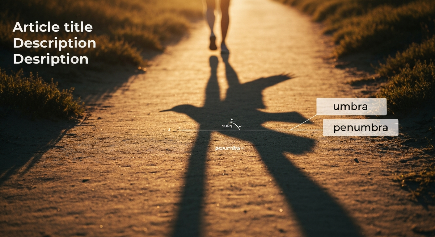 Golden-hour editorial illustration of a flying bird and its long crisp shadow on a sunlit trail, with faint diagram labels for umbra and penumbra and sun-ray angle.