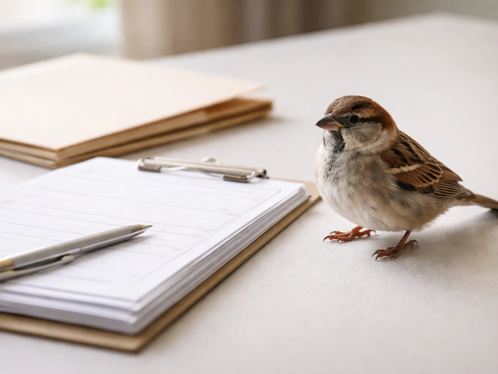 Close-up of a small bird beside blank legal permit papers on a clean table