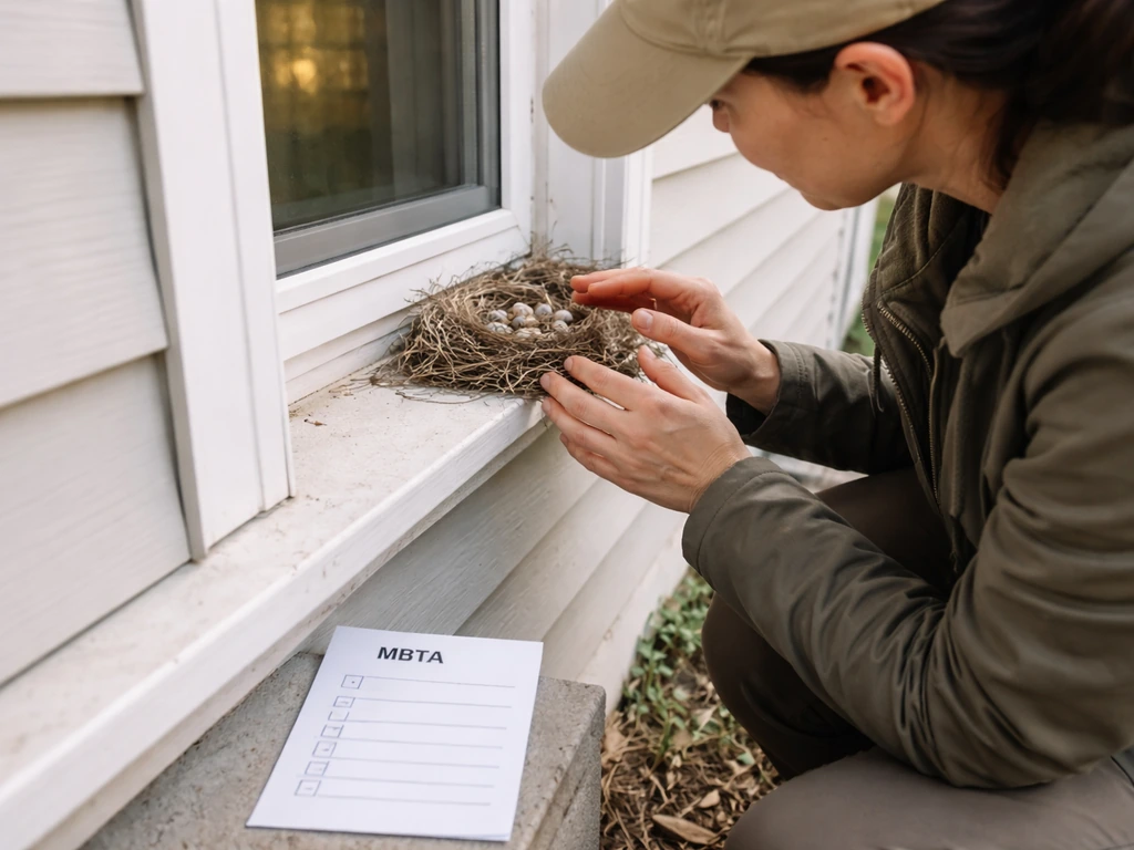 Homeowner inspecting a small bird nest on a building ledge in natural light