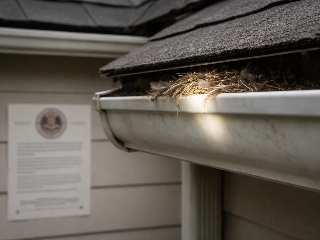 Property inspection photo beside a California wildlife placard showing nesting protections near a roof gutter.