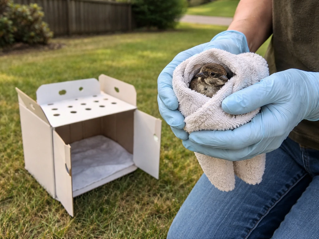 Gloved hands holding a towel-wrapped bird near a ventilated transport box in a quiet yard