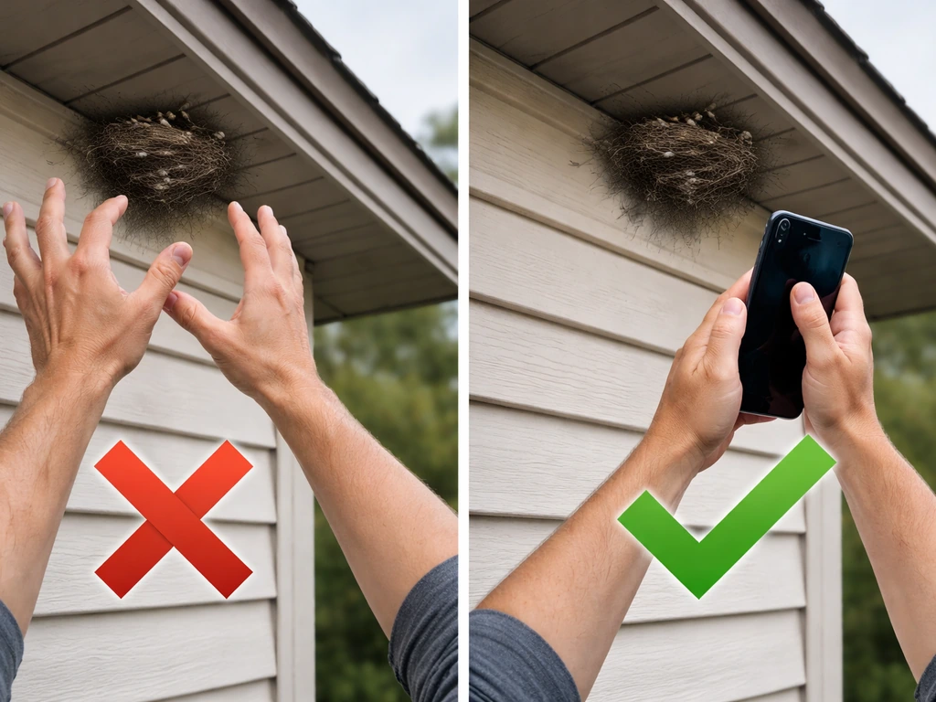 Split before/after scene: unsafe nest removal attempt on left, stop and call wildlife agency on right.