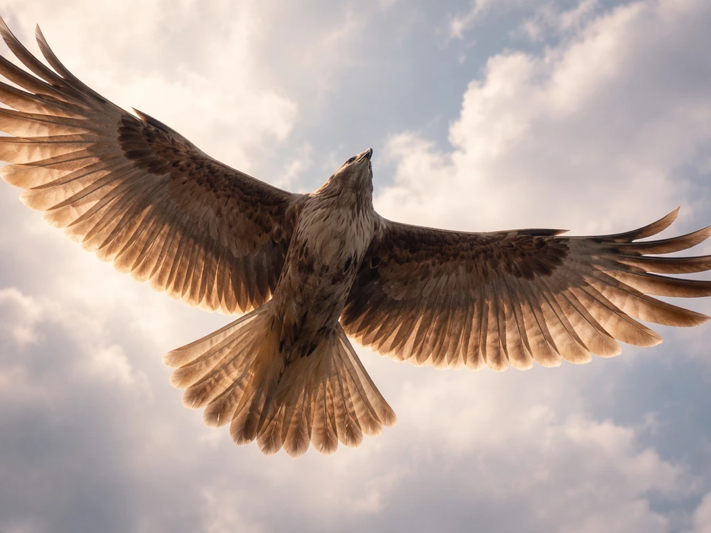 Bird wings spread against a cloudy sky, feathers sharply detailed in flight.