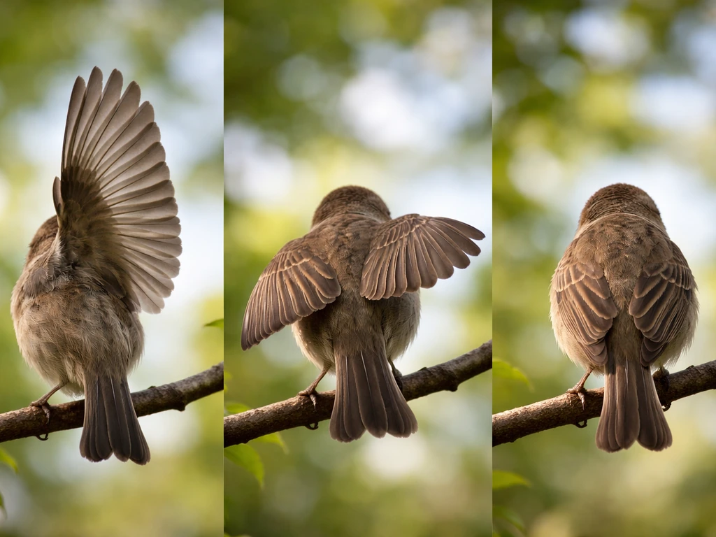 Close-up of a small bird with wings showing upright, slightly open, and tucked positions in natural light