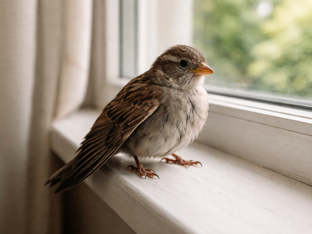 Small bird perched by a window with one wing drooping and the other raised, alert and cautious