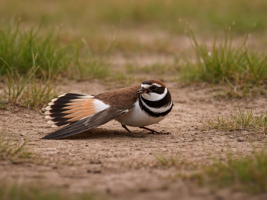 Small ground bird with one wing dragged low, stumbling on dirt in a grassy field.