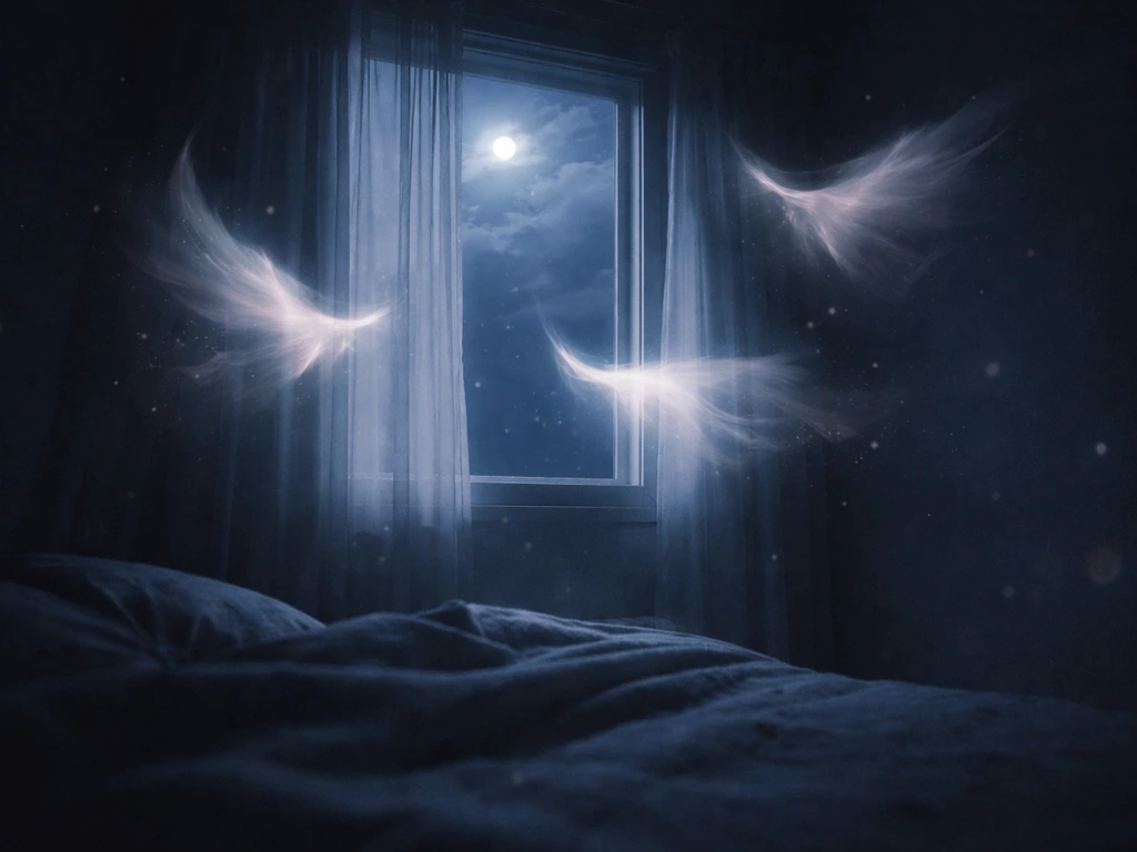 Moonlit bedroom at night with soft, translucent wing-like shapes drifting in the air.