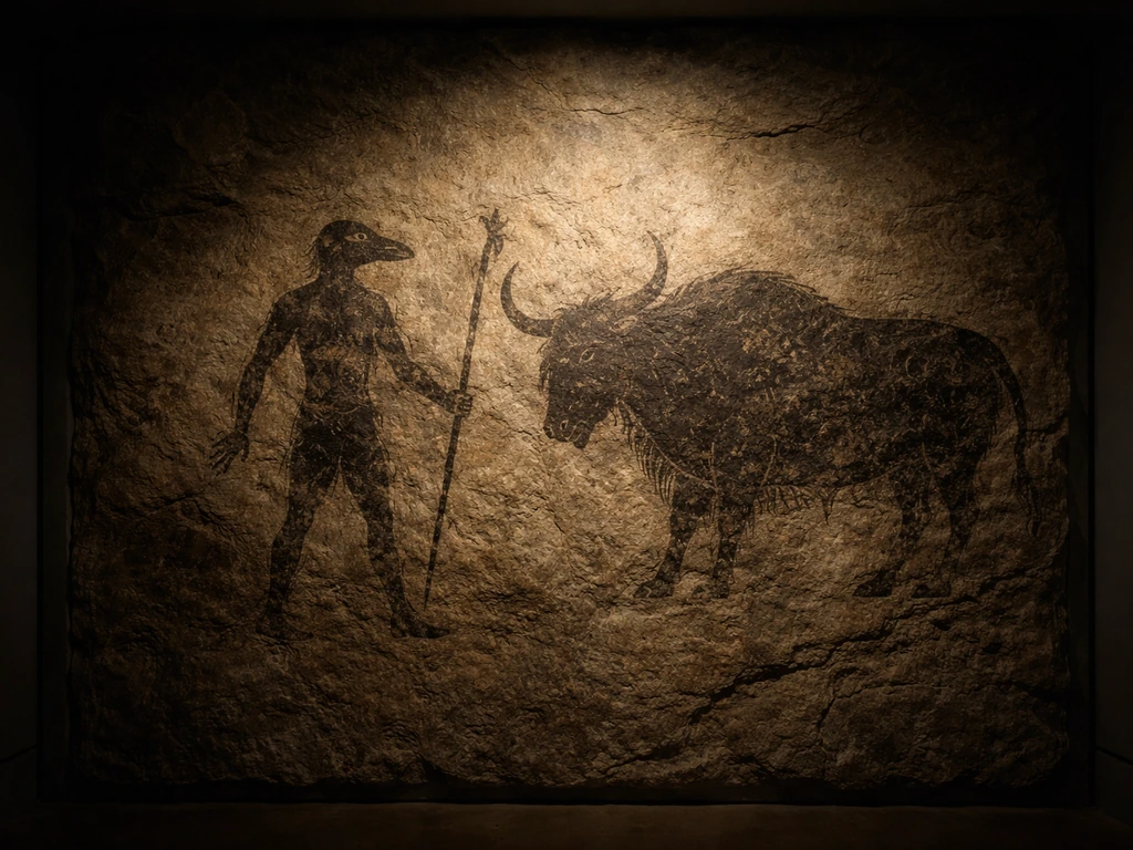 Dim museum view of an ancient cave painting showing a bird-headed figure beside a bison-like animal.