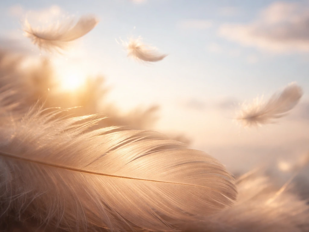 Close-up of a single feather against a softly blurred sky, evoking flight and transformation.