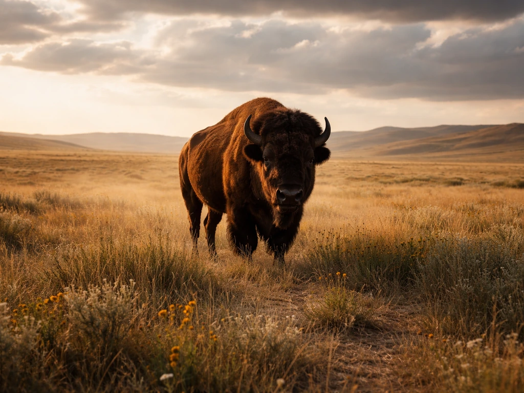American bison standing in open prairie at golden hour, dramatic sky suggesting resilience and spiritual presence.