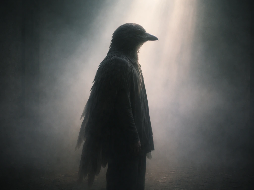 Surreal bird-headed figure emerging from mist in a dim dreamlike room with soft light