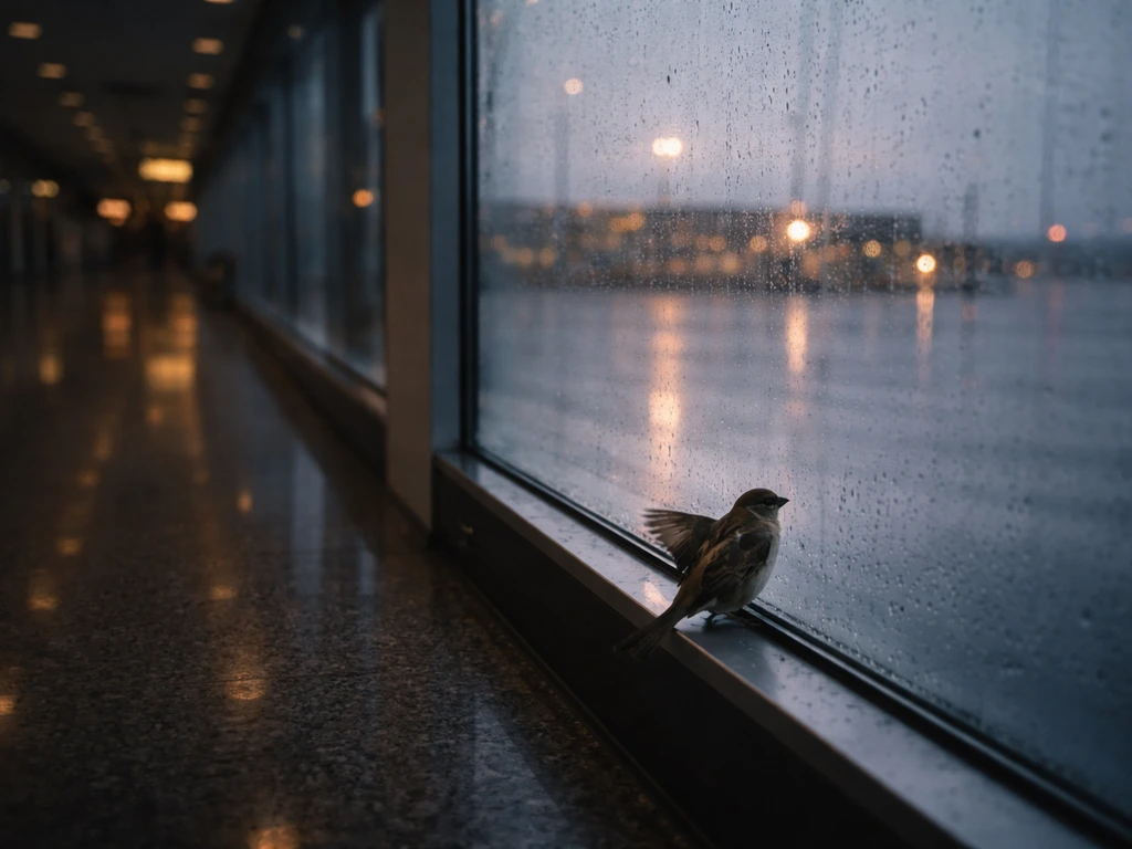 Moody airport terminal with a small bird trapped near a glass wall, empty and dimly lit.