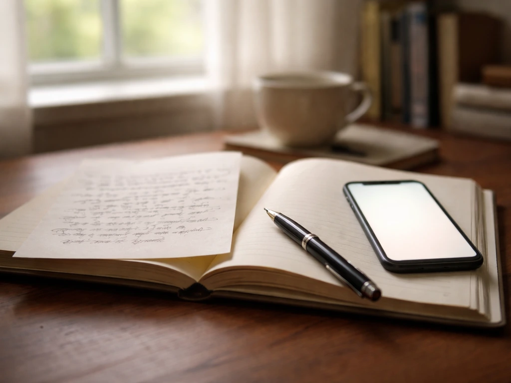 Open book and pen on a quiet desk with a glowing phone page, suggesting poem identification context.