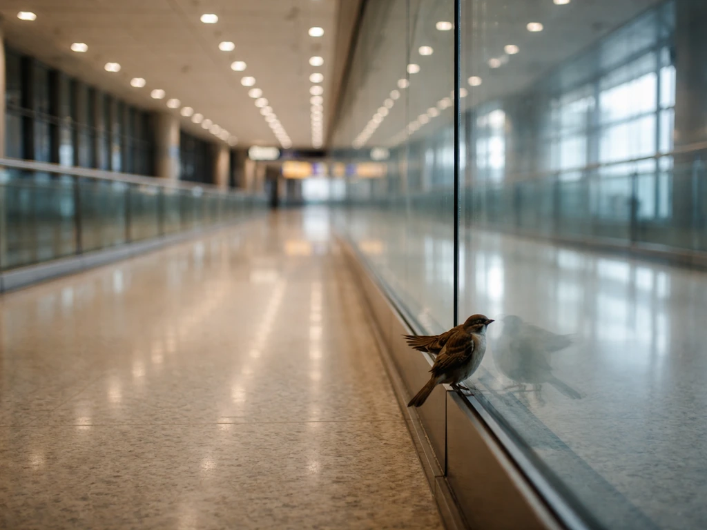 A single bird near a glass wall inside an airport terminal, suggesting being trapped in transit space