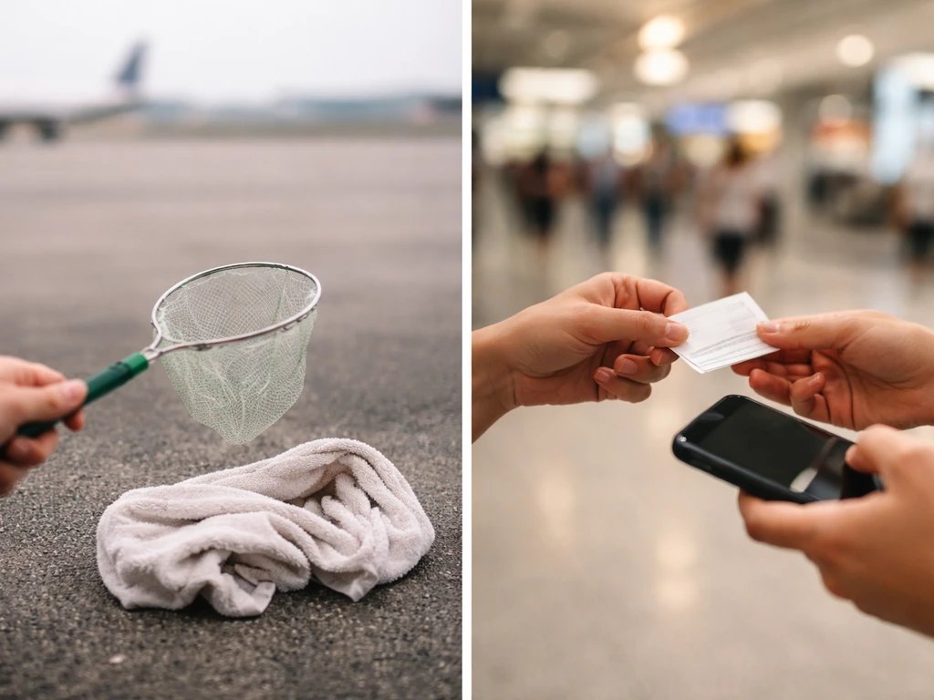 Split airport scene: left shows a rescue net; right shows hands exchanging a note and phone.
