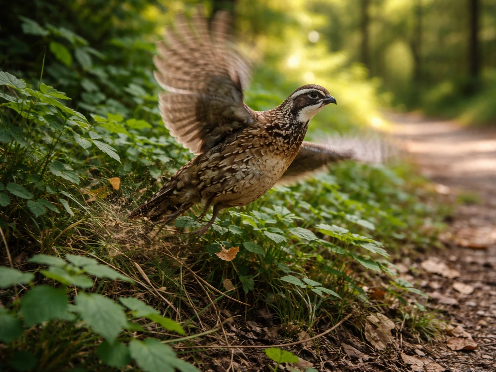 Quail-like bird bursts into sudden flight from forest underbrush near a trail edge.
