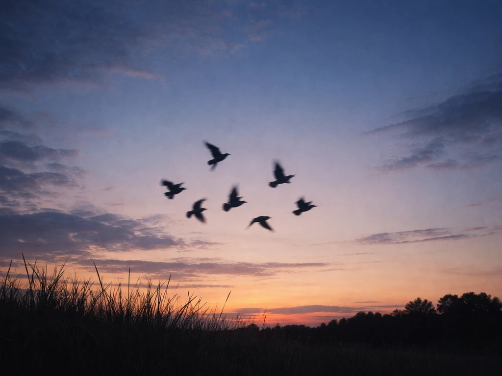 Evening sky with a flock of birds suddenly taking flight over a quiet landscape, dreamlike symbolism.