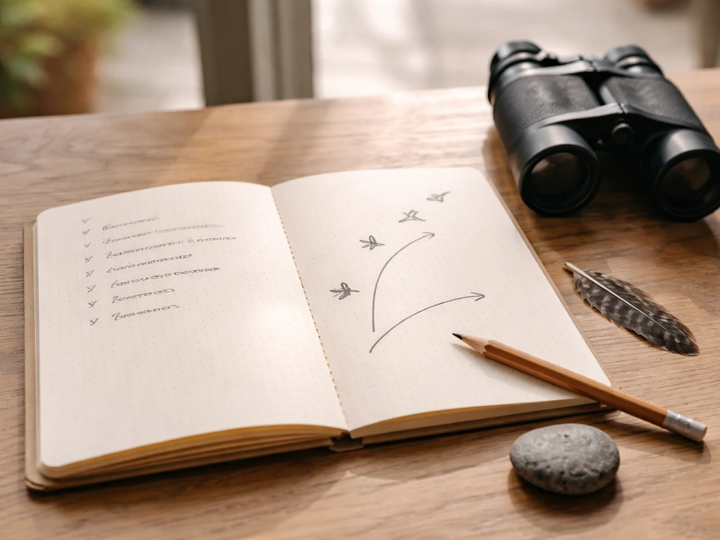 Open notebook with handwritten notes and a simple sketch of birds taking off direction beside binoculars