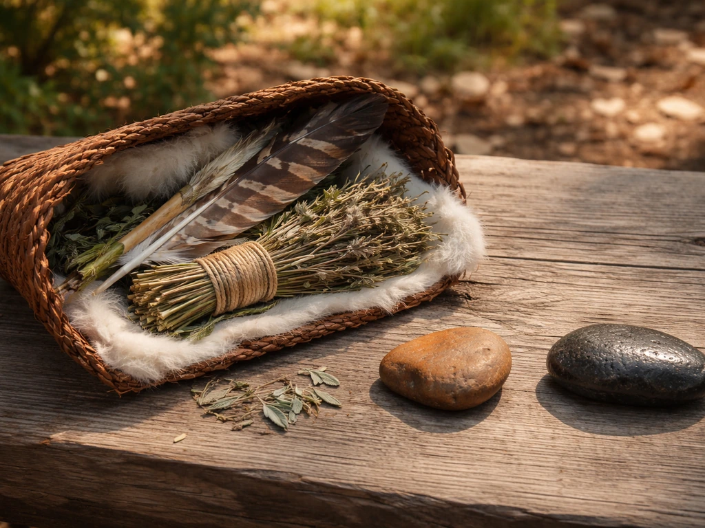 An open cedar-bark medicine bundle with feathers on wood, symbolizing spiritual power across traditions.