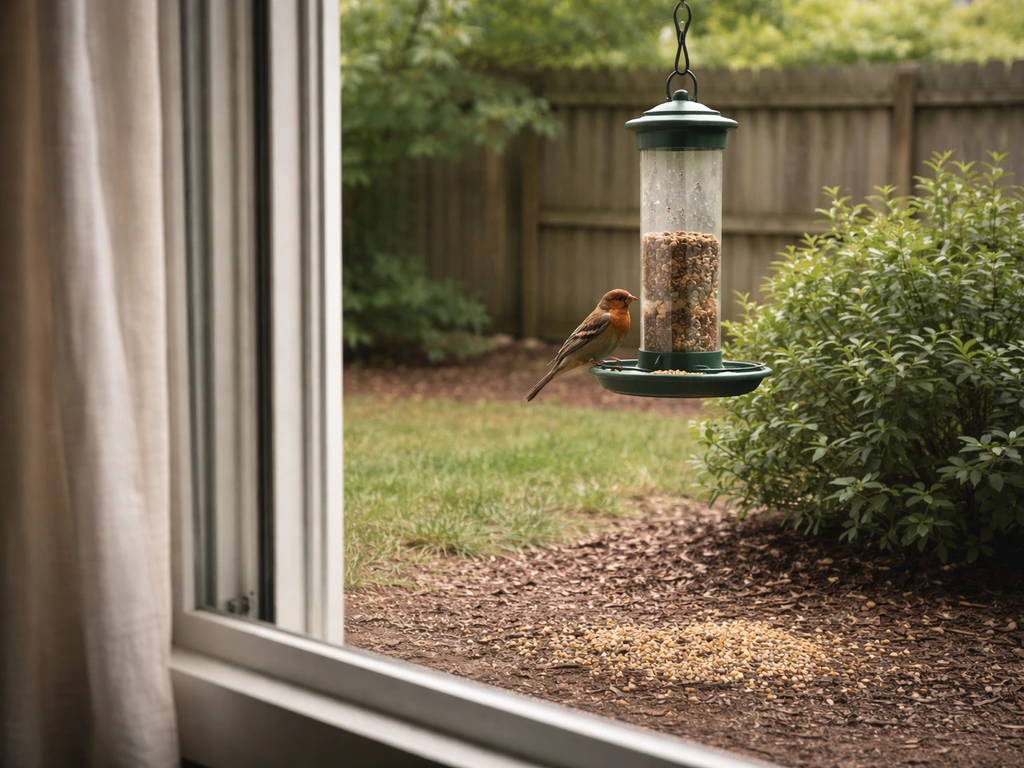 A bird perched by a backyard feeder near an open window, with seed on the ground and shrubs nearby.