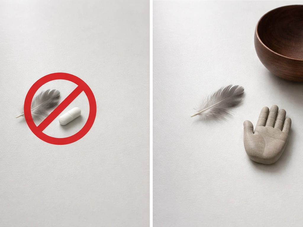 Minimal desk photo: feather with a pill crossed out on one side, feather with caution on the other.