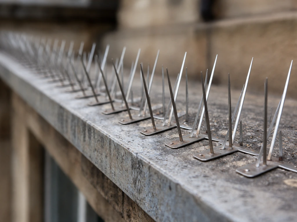 Close-up of metal bird spikes along a building roof edge to deter roosting birds.