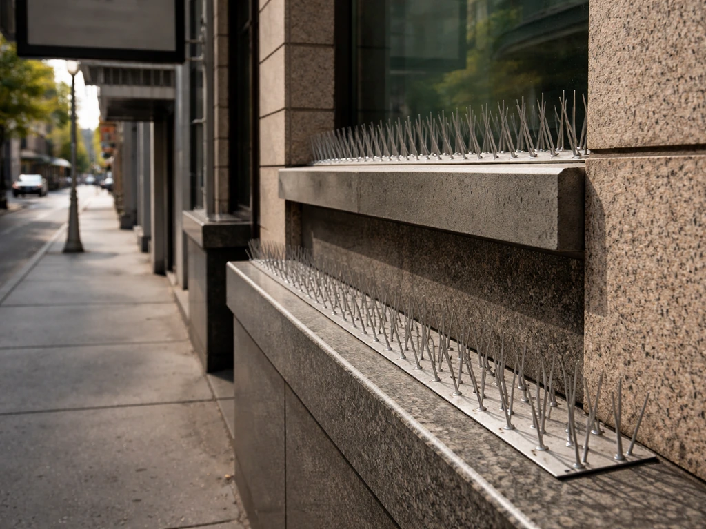 Anti-roosting bird spikes mounted on building ledges and small signage edges in an empty city street.