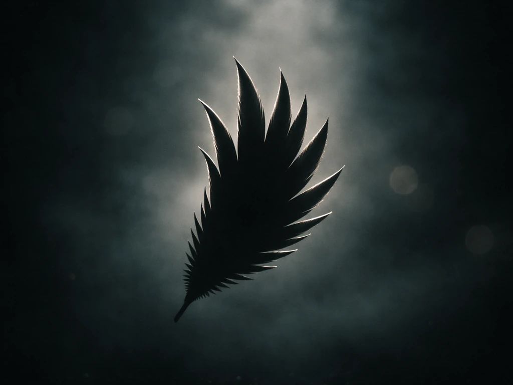 Moody dark background with a central spiky bird feather silhouette symbolizing omens and warnings.