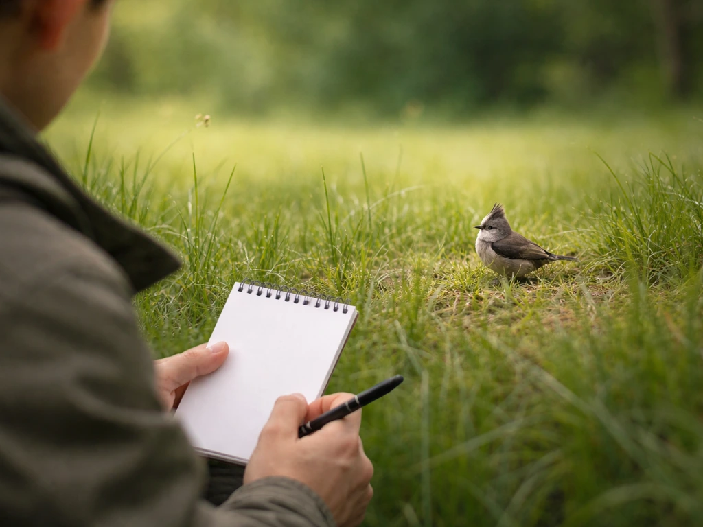 A person safely observing a small spiky-plumaged bird while holding a blank field checklist.