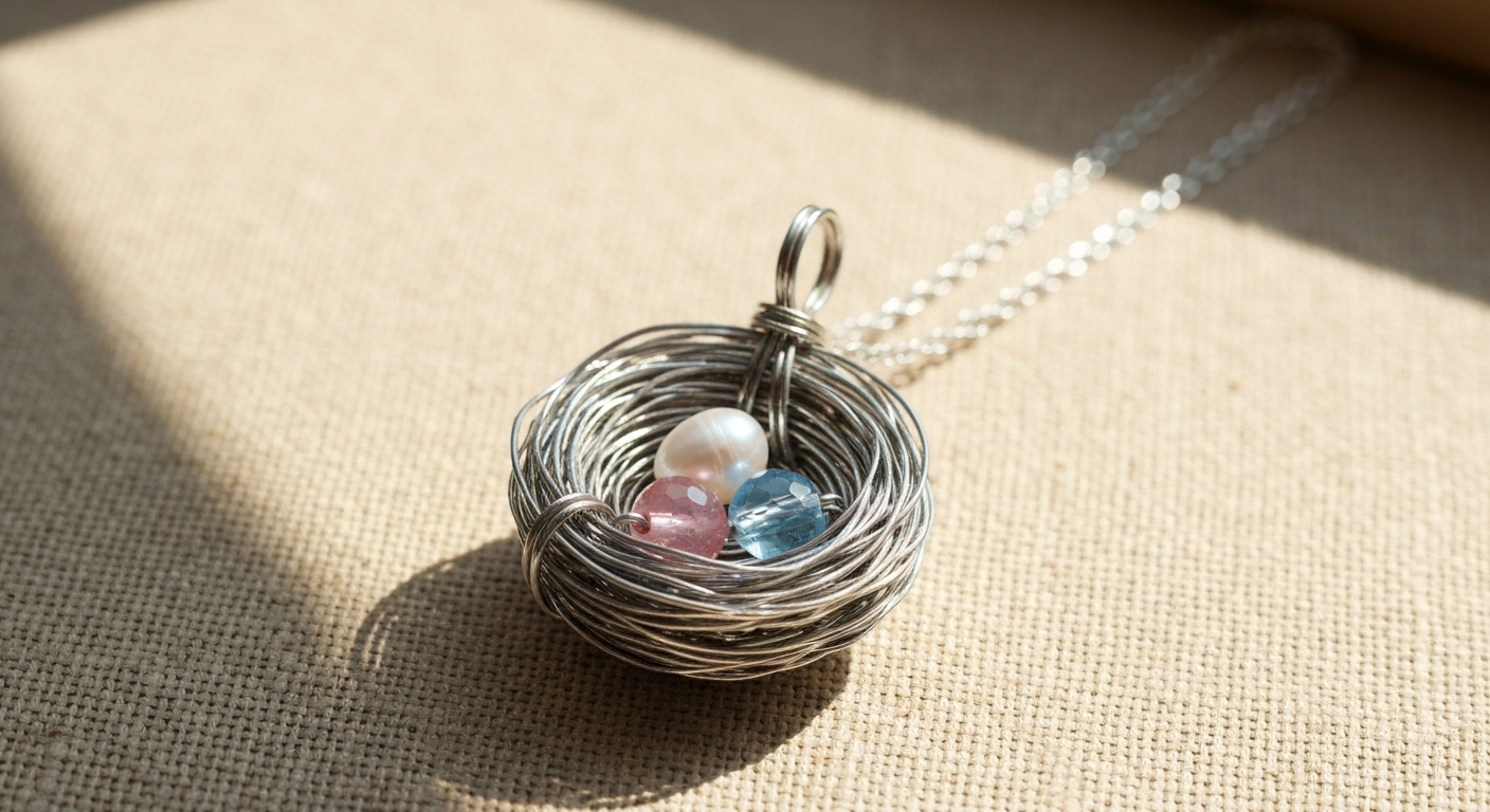 Close-up macro photo of a handcrafted sterling silver bird nest necklace holding three beads (pearl and two colored birthstone beads).