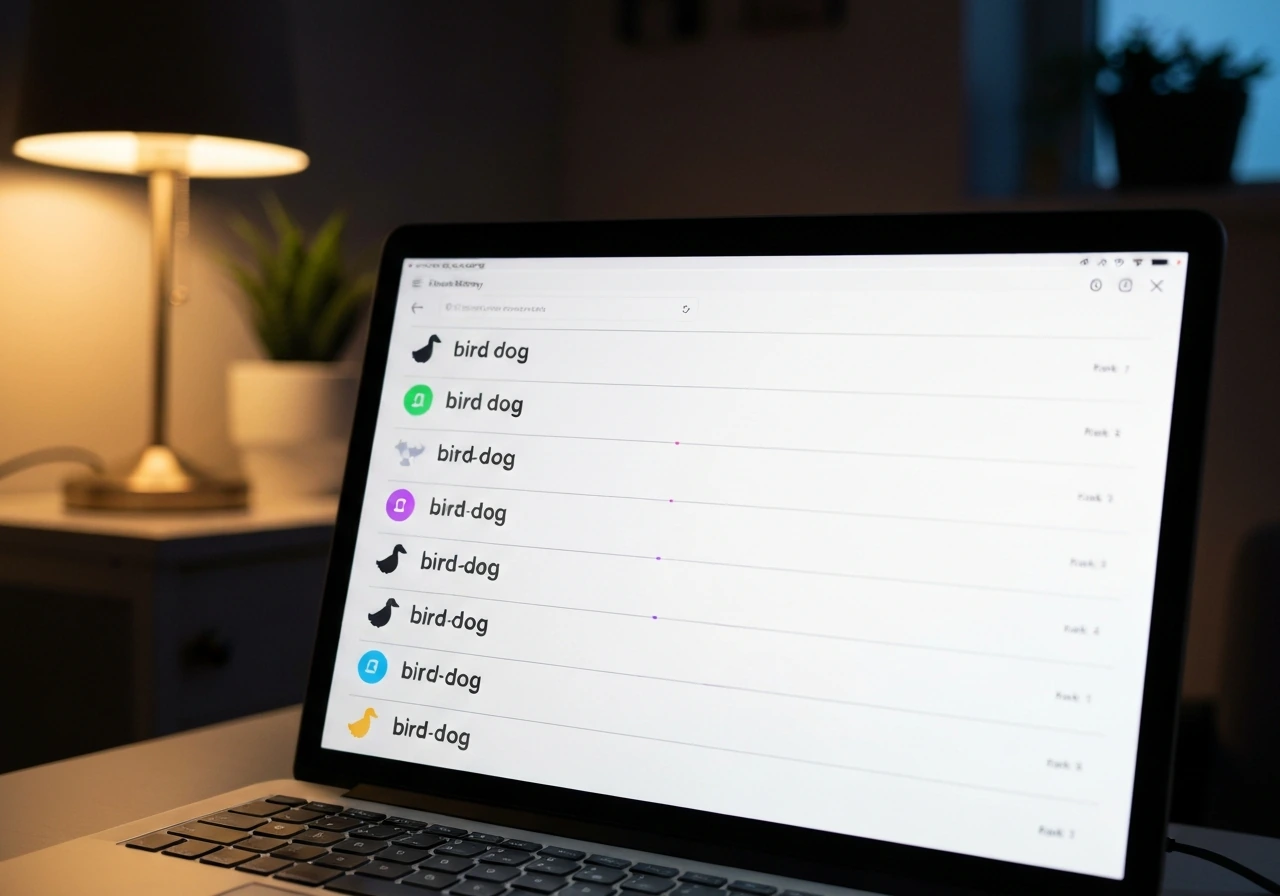 Close-up of a laptop with an online search page showing multiple “bird dog” entries and upvote icons