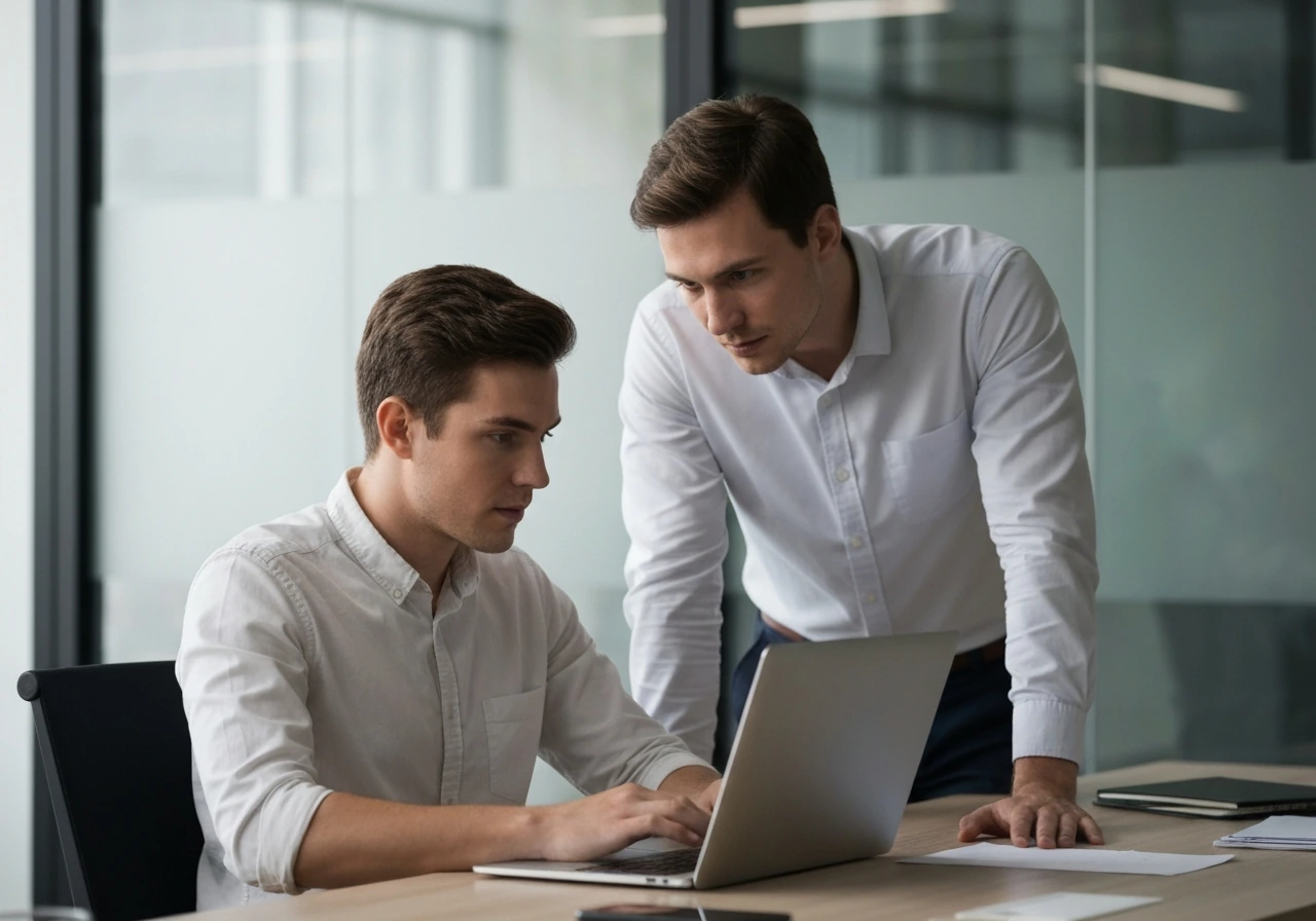 A tense office scene showing a manager visibly monitoring a coworker at a desk with a laptop.