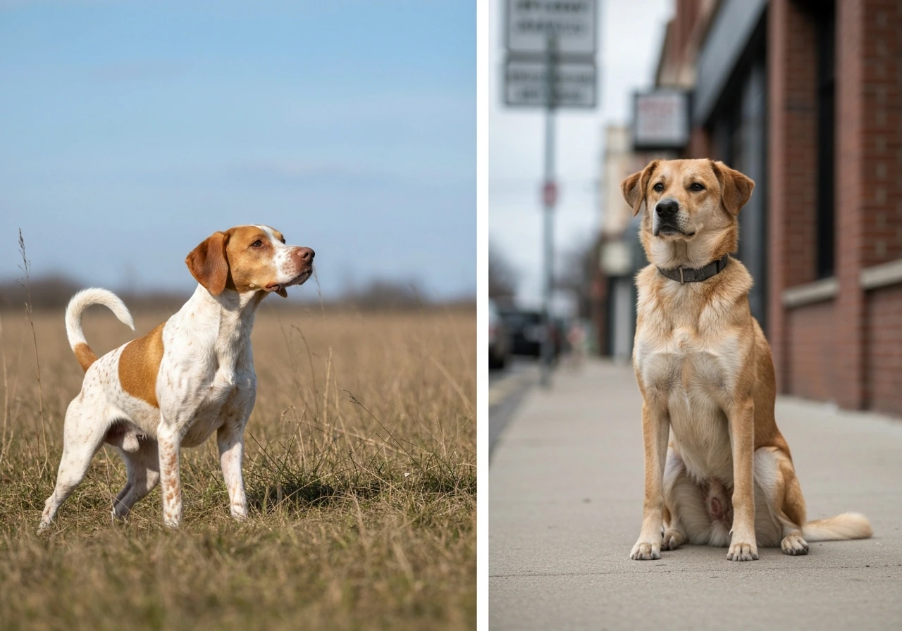 Two hunting dogs outdoors: one pointed at game, the other seated; minimal scene to highlight literal bird dog