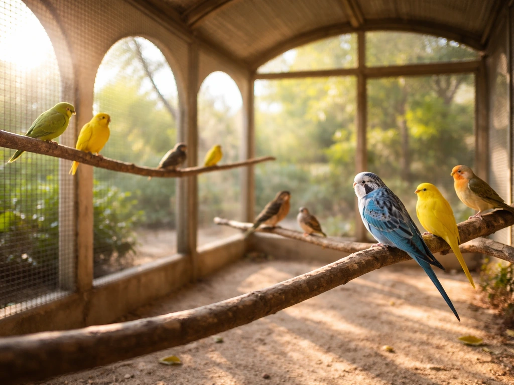 Spacious, sunlit bird aviary with multiple birds perched on natural branches in a protected, open habitat