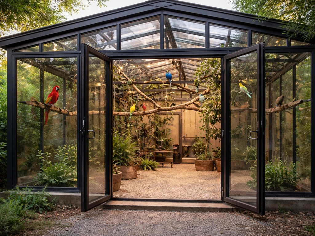 Large aviary enclosure building with several birds flying and perched inside