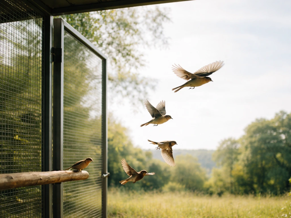 Small group of birds flying out of an open aviary into bright open air beyond metal bars