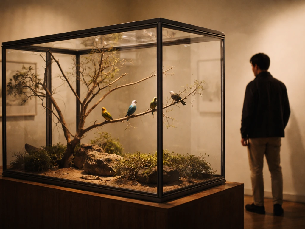 A quiet exhibition aviary with birds, softly lit, suggesting preservation and controlled space