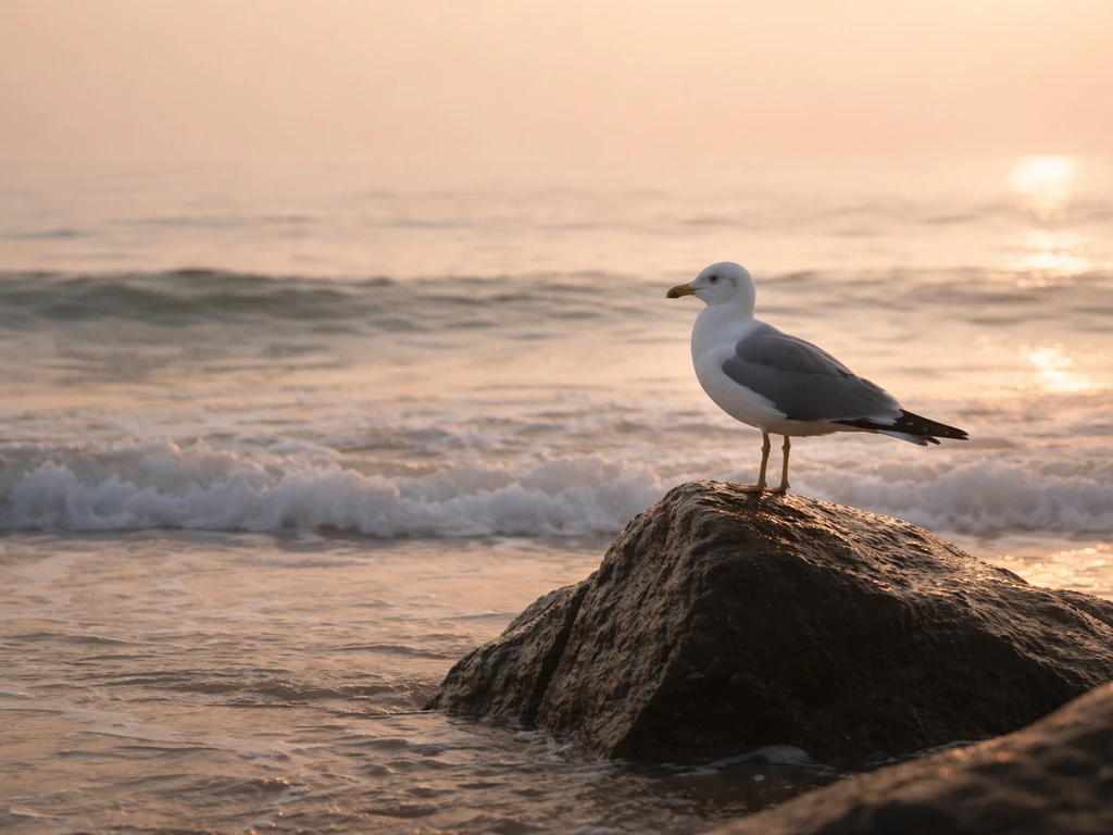 A seagull perched on a rocky shoreline, waves behind it, suggesting symbolic bird omens and dreamlike meaning.