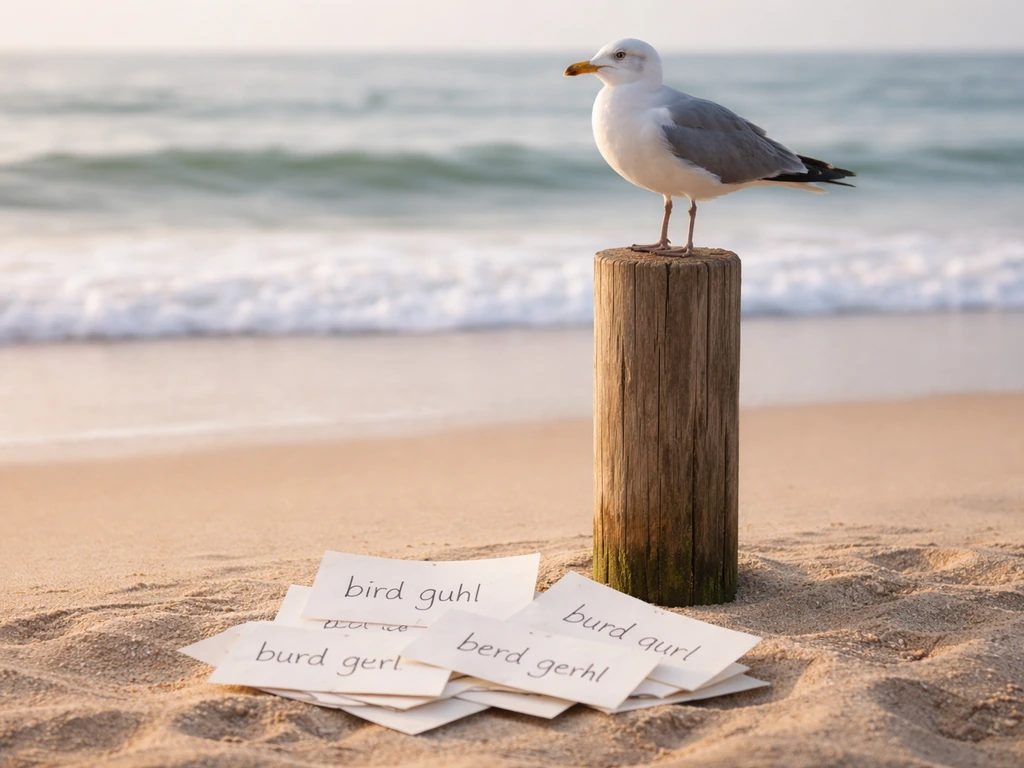 Single seagull by the shore with blank handwritten slips suggesting phonetic variant spellings.