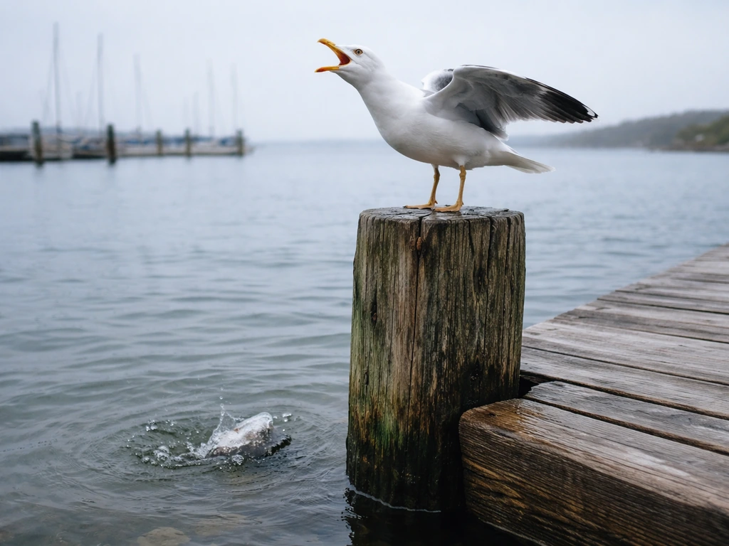 Seagull calling on a harbor dock with ripples in the water after fishing