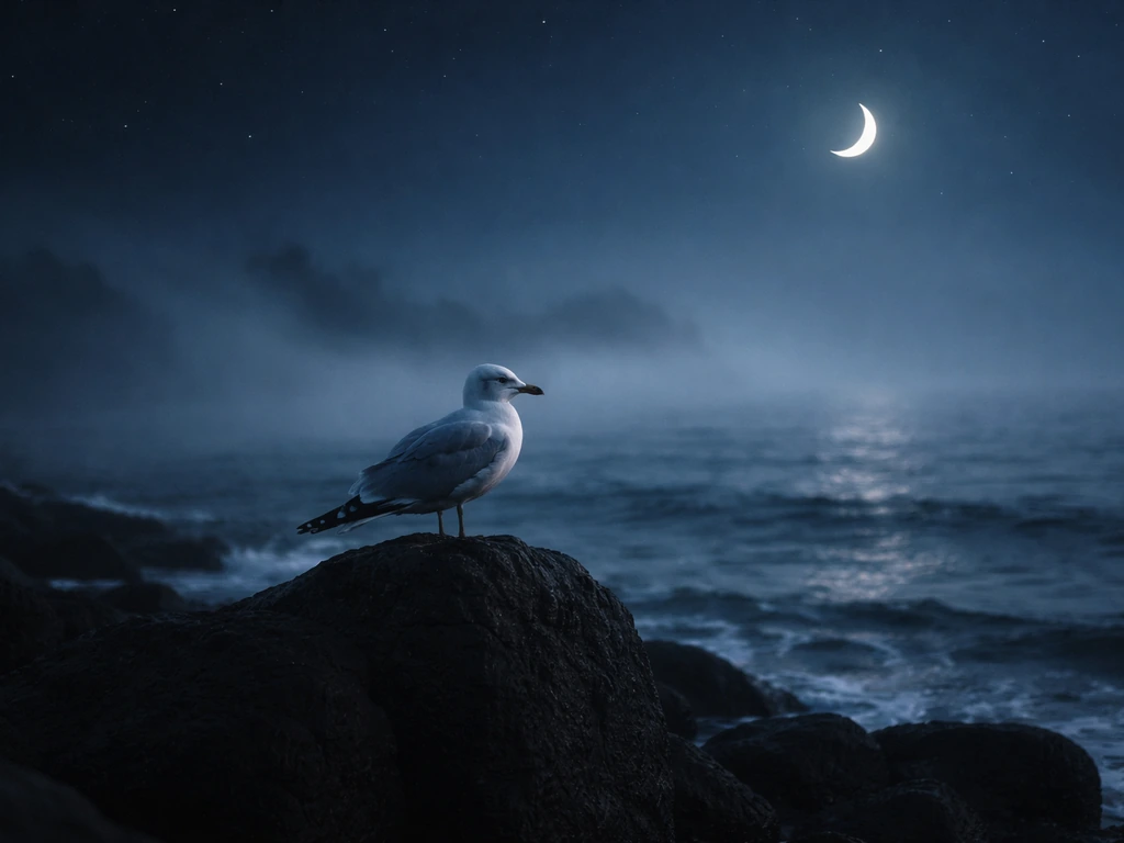 Moonlit gull perched on a rocky shore in foggy night, calm ocean behind it.
