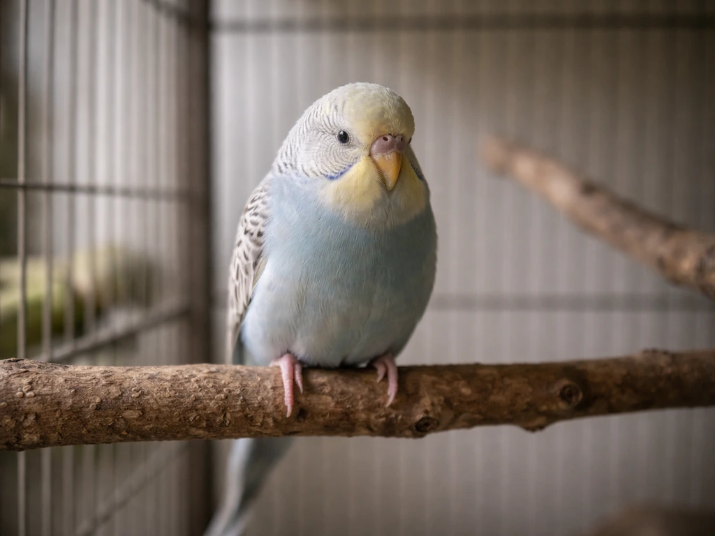 Small pet bird perched in a dimly lit indoor aviary, subtly suggesting impaired vision.