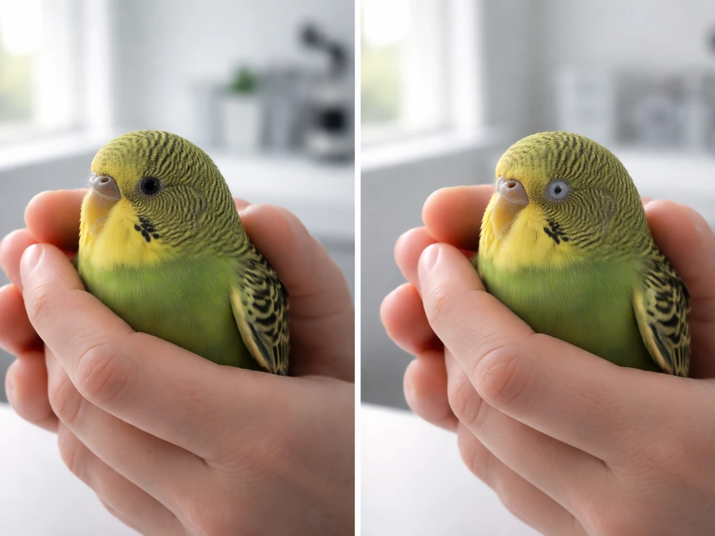 Split photo of a small bird in a vet exam room—clear-eyed vs cloudy half-lidded vision impairment.