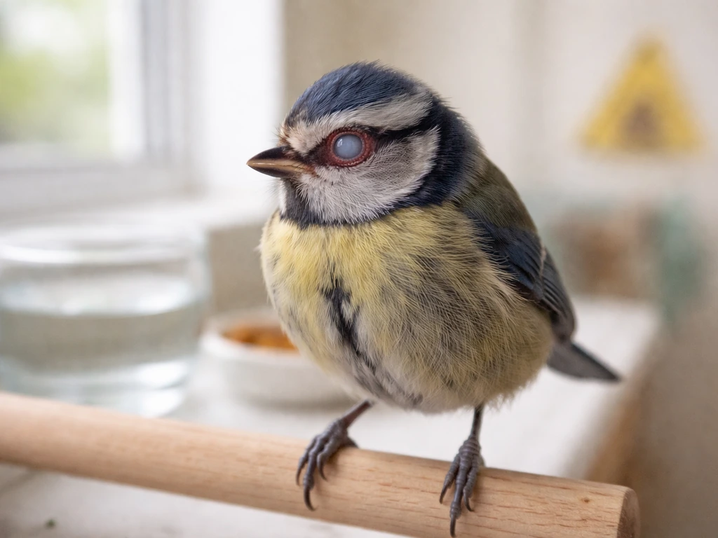 Close-up of a healthy bird near a clean perch with softly lit hints of common eye problems in the background