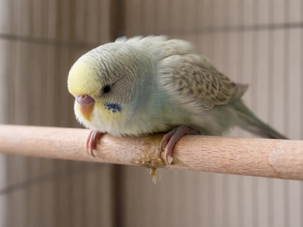 A small pet bird slips off a perch with subtle tremor motion, slight swelling and discharge near its feet.